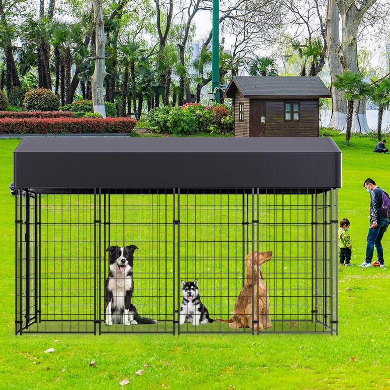 Alt view image 3 of 7 - 64.9'' High Metal Welded Secure Wire Dog Cages Outdoor Giant Huge Dog Kennel Fence  with Waterproof  UV-Resistant Cover