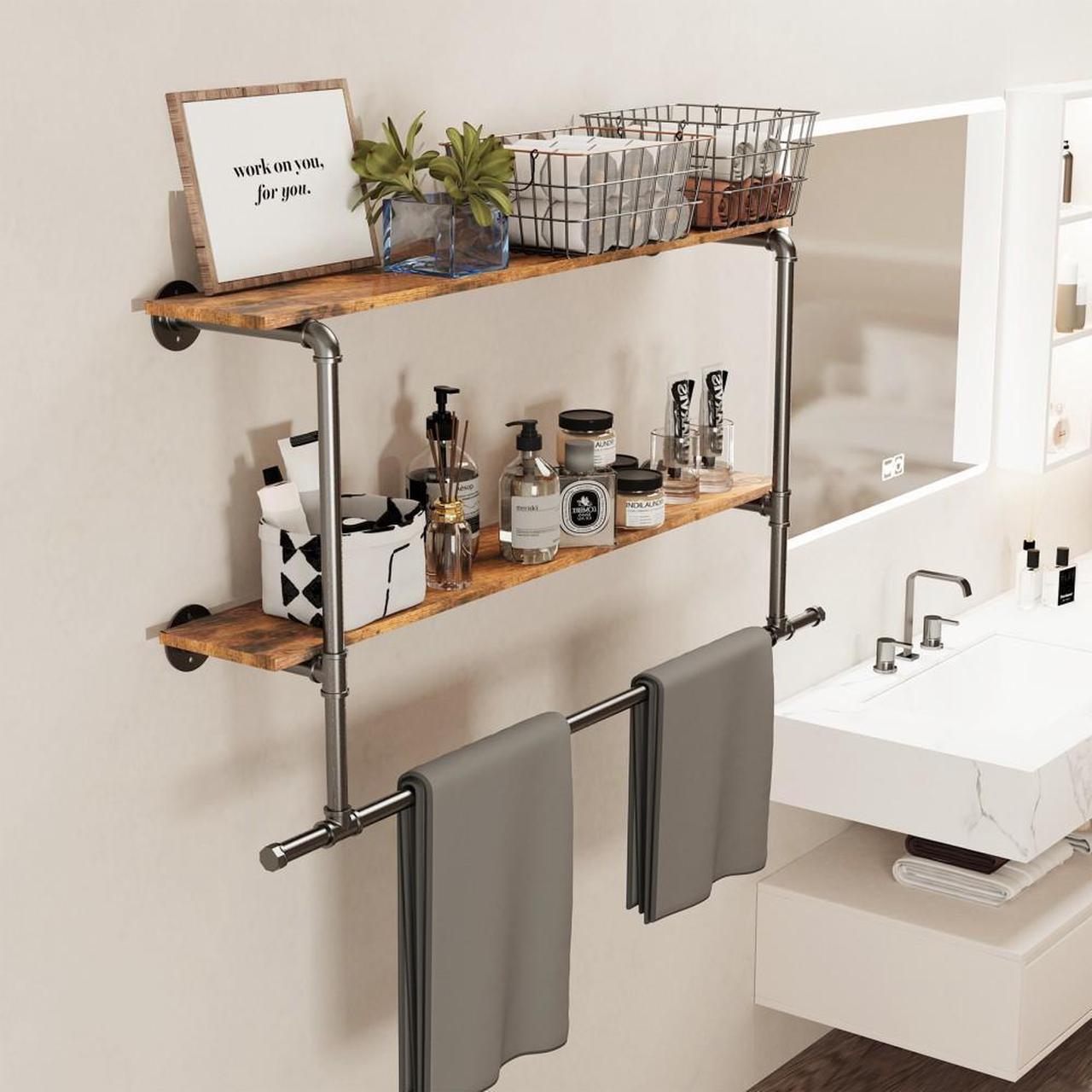 Alt view image 4 of 7 - Wall Mounted Industrial Pipe Garment Rack Heavy Duty Iron  Garment Rack, Multi-Purpose Clothes Display Rack with 2-tier Top Shelves