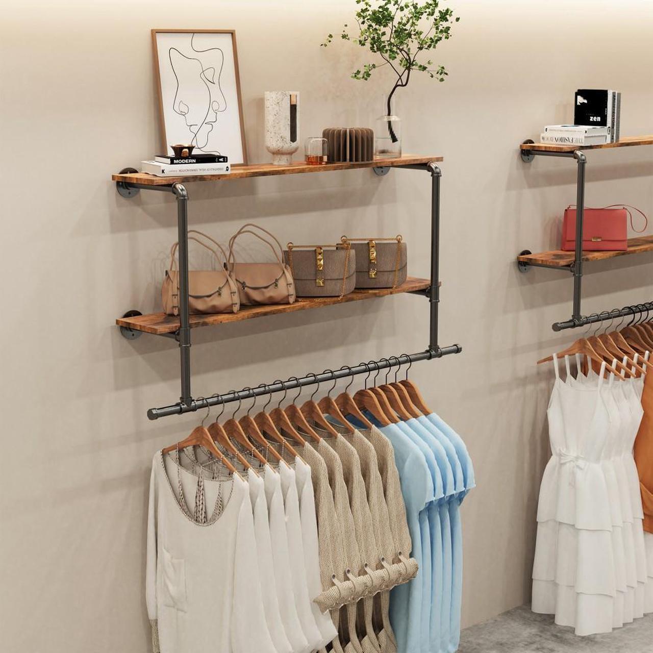 Alt view image 6 of 7 - Wall Mounted Industrial Pipe Garment Rack Heavy Duty Iron  Garment Rack, Multi-Purpose Clothes Display Rack with 2-tier Top Shelves