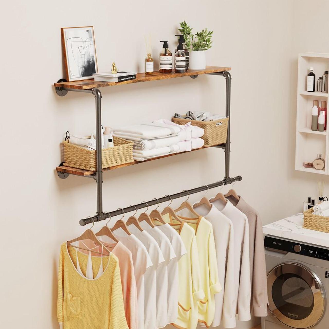Alt view image 5 of 7 - Wall Mounted Industrial Pipe Garment Rack Heavy Duty Iron  Garment Rack, Multi-Purpose Clothes Display Rack with 2-tier Top Shelves