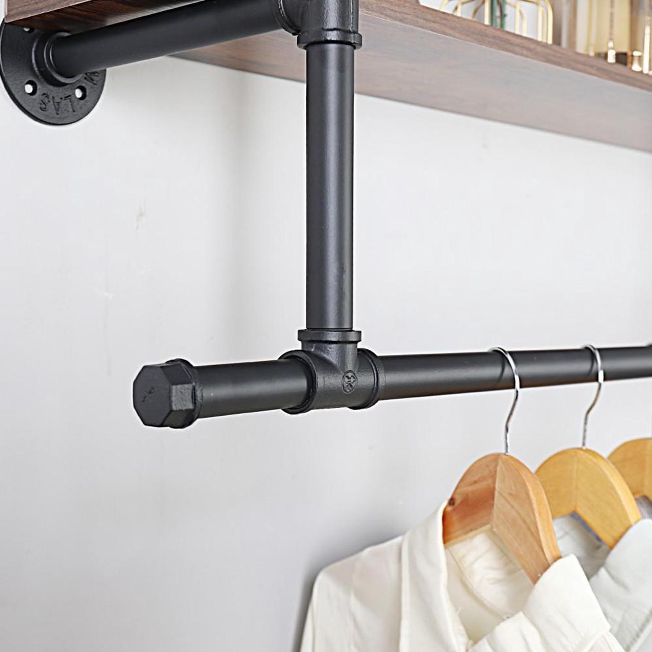 Alt view image 3 of 7 - Wall Mounted Industrial Pipe Garment Rack Heavy Duty Iron  Garment Rack, Multi-Purpose Clothes Display Rack with 2-tier Top Shelves