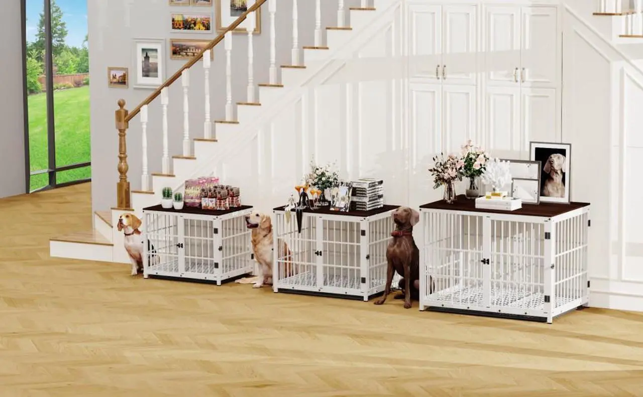 Alt view image 3 of 7 - 3 doors Furniture style  Dog Crate,  Wooden Dog Crate Table, Indoor Dog Kennel, Dog House, Dog Cage Medium with  Removable Tray Medium White