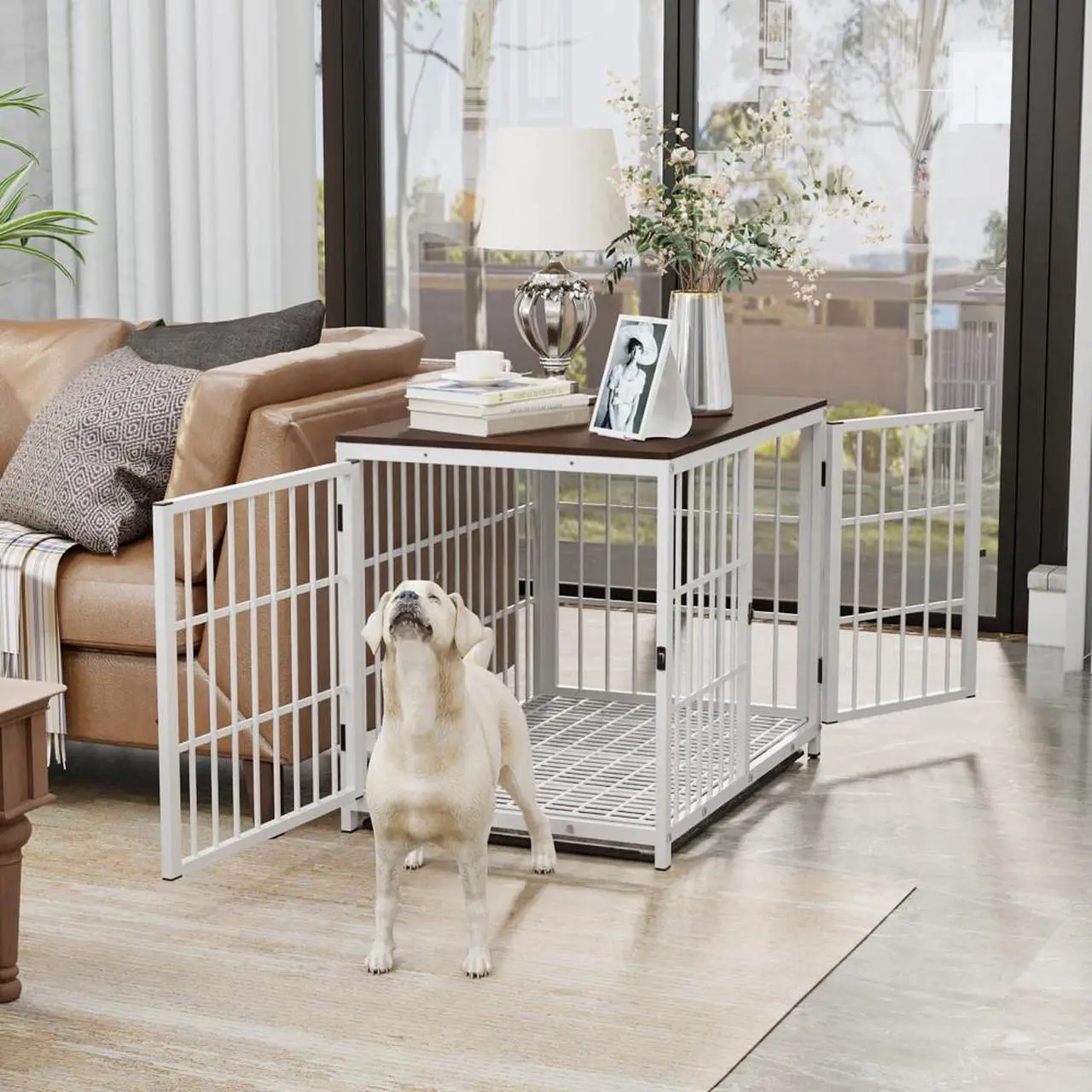 Main image of 3 doors Furniture style  Dog Crate,  Wooden Dog Crate Table, Indoor Dog Kennel, Dog House, Dog Cage Medium with  Removable Tray Medium White