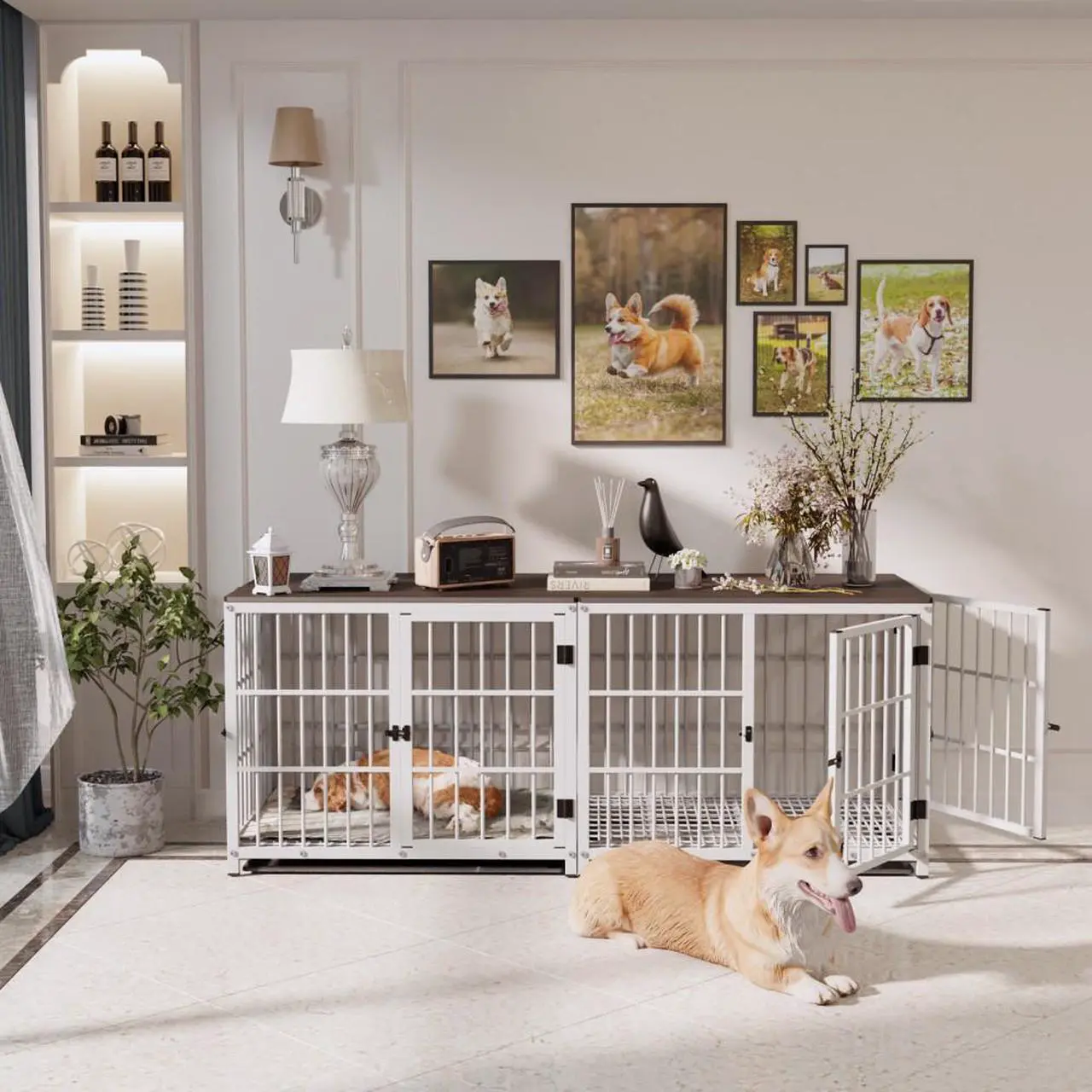 Alt view image 5 of 7 - 3 doors Furniture style  Dog Crate,  Wooden Dog Crate Table, Indoor Dog Kennel, Dog House, Dog Cage Medium with  Removable Tray Medium White