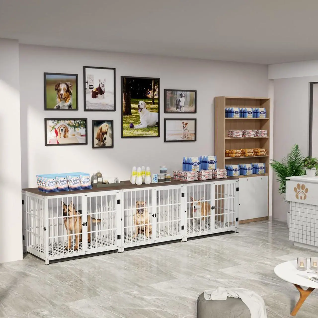 Alt view image 6 of 7 - 3 doors Furniture style  Dog Crate,  Wooden Dog Crate Table, Indoor Dog Kennel, Dog House, Dog Cage Medium with  Removable Tray Medium White