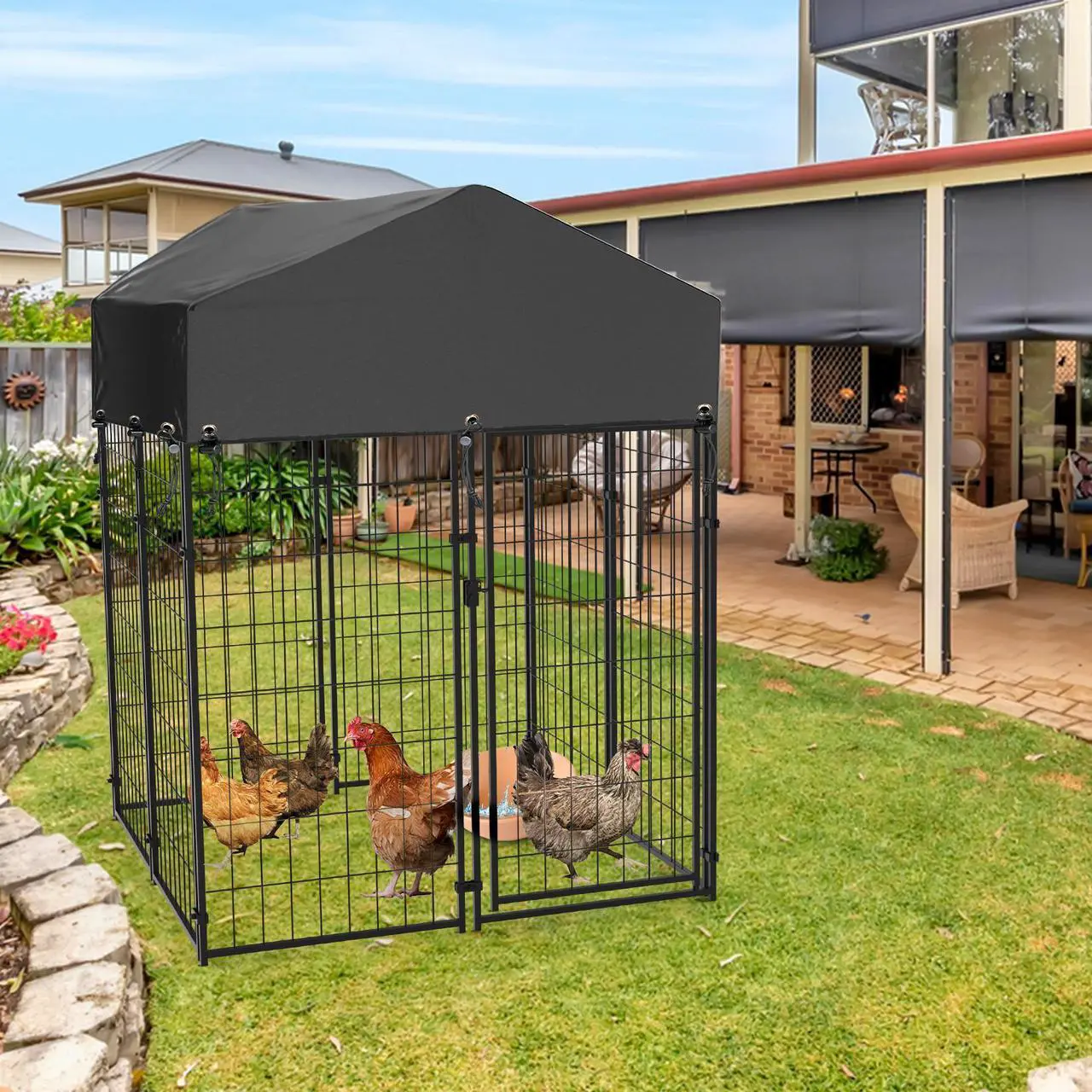 Alt view image 3 of 7 - BingoPaw Large Dog Kennel Outdoor: Dogs Welded Wire Kennels and Runs Crates for Yard with Stakes Water Proof Cover - 5.4ft Tall Extra Large Dog Gazebo Kennel Cages with Canopy for Huge Giant Dogs