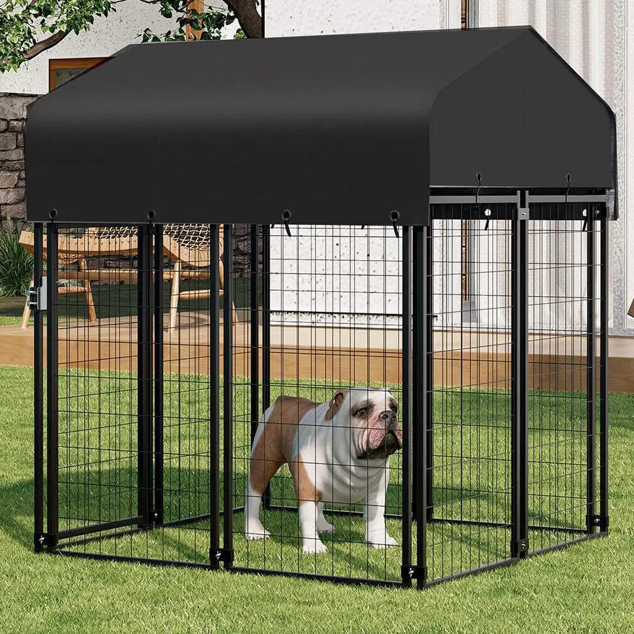 Alt view image 2 of 7 - BingoPaw Large Dog Kennel Outdoor: Dogs Welded Wire Kennels and Runs Crates for Yard with Stakes Water Proof Cover - 5.4ft Tall Extra Large Dog Gazebo Kennel Cages with Canopy for Huge Giant Dogs