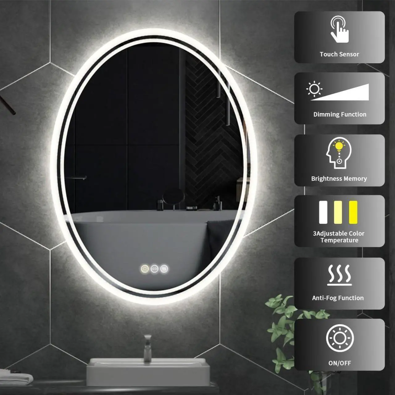 Alt view image 5 of 7 - Led Oval Illuminated Bathroom Mirror Wall Mounted Anti Fog Make Up Mirror