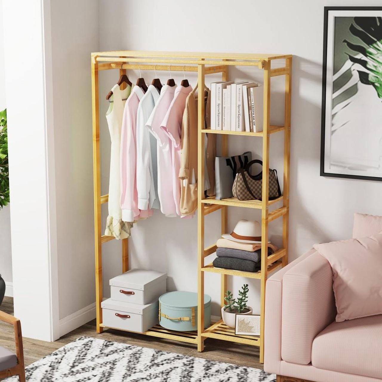 Alt view image 2 of 7 - Strong Bamboo Wooden Garment Rack 6 Tier Clothes  Hanging Stand Storage Shelf