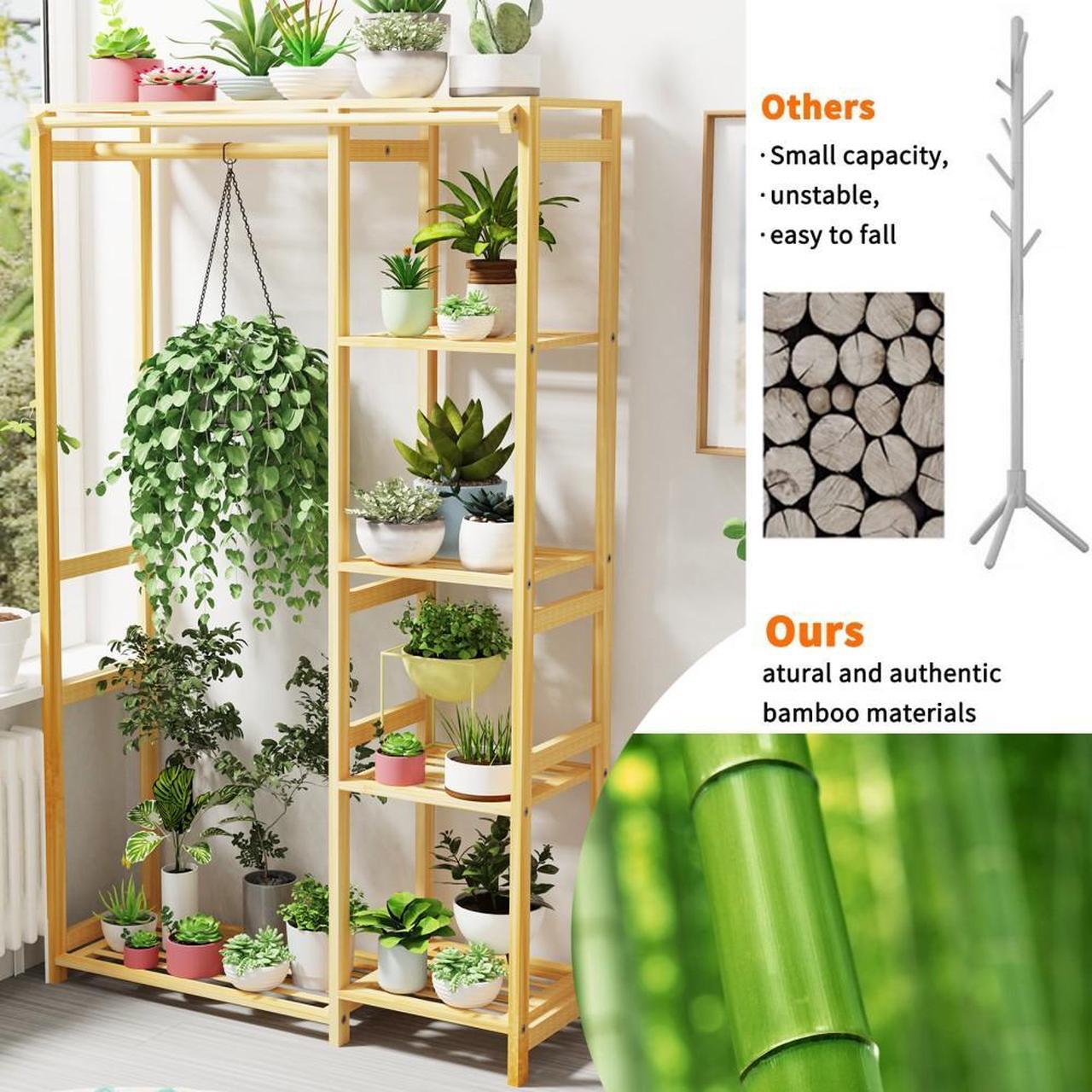 Alt view image 6 of 7 - Strong Bamboo Wooden Garment Rack 6 Tier Clothes  Hanging Stand Storage Shelf