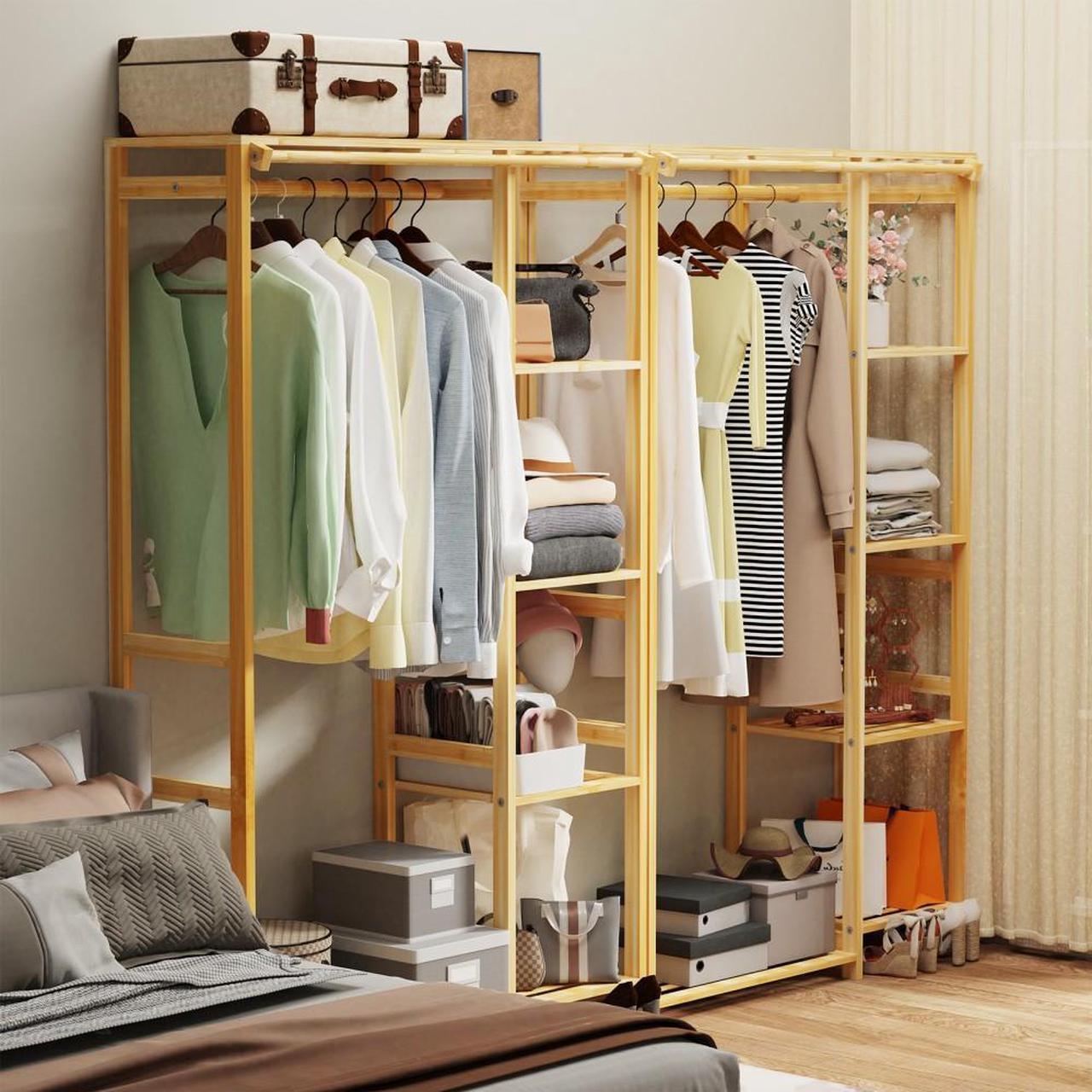 Alt view image 4 of 7 - Strong Bamboo Wooden Garment Rack 6 Tier Clothes  Hanging Stand Storage Shelf
