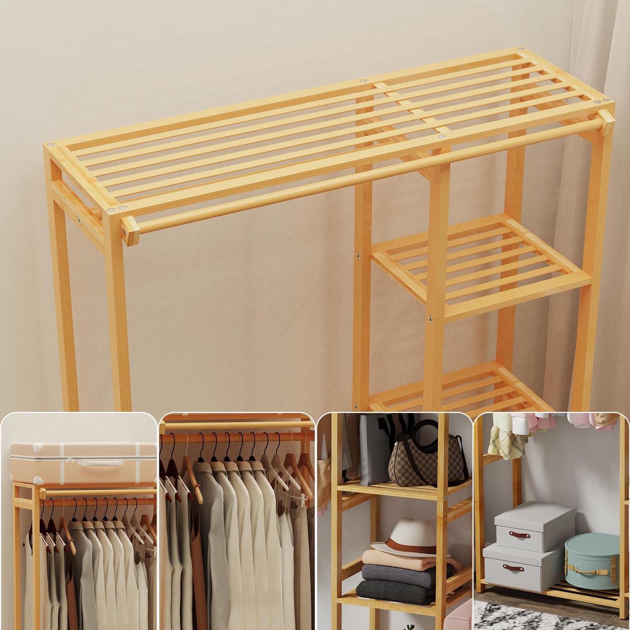 Alt view image 5 of 7 - Strong Bamboo Wooden Garment Rack 6 Tier Clothes  Hanging Stand Storage Shelf