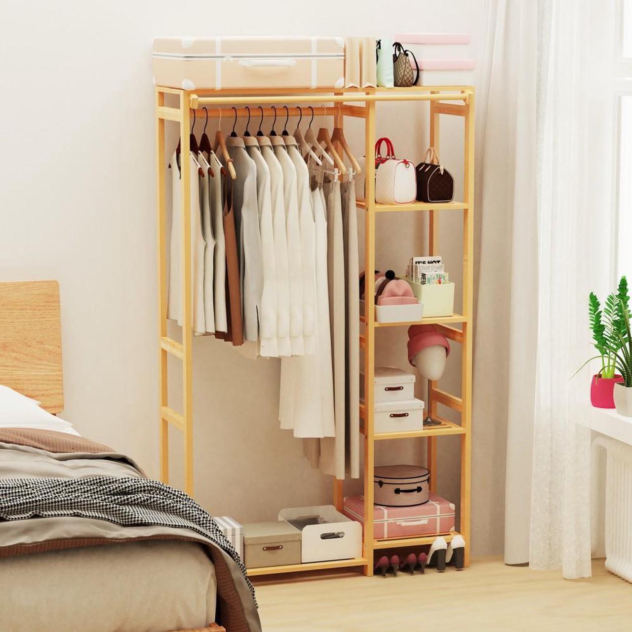 Main image of Strong Bamboo Wooden Garment Rack 6 Tier Clothes  Hanging Stand Storage Shelf