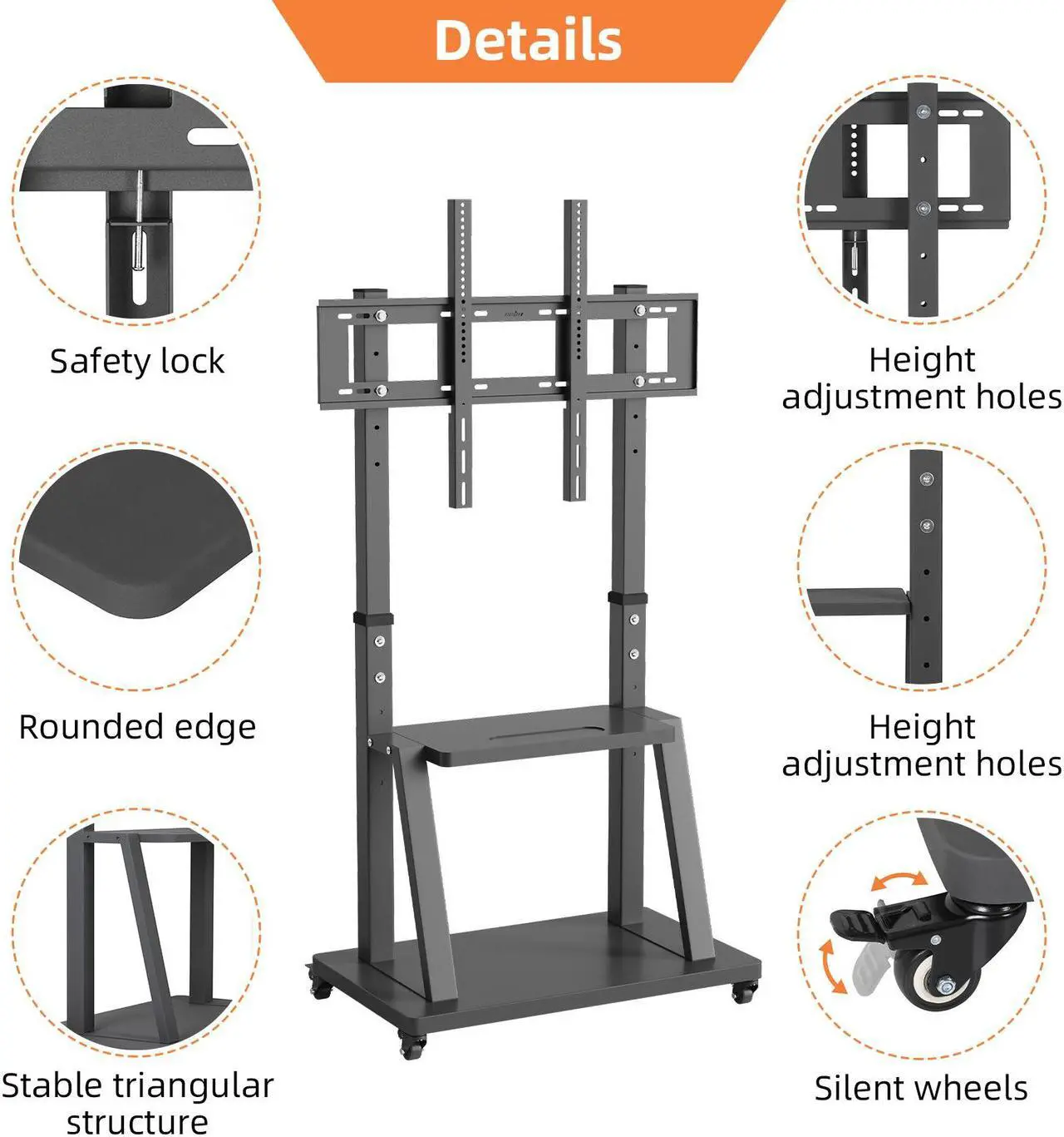 Alt view image 5 of 7 - XXL Large Mobile TV Stand Mount Universal Flat Screen Rolling TV Cart for 32-100 inch LED LCD OLED Screens Height Adjustable Ultra Stable TV Trolley with 2 Tier Storage Shelves