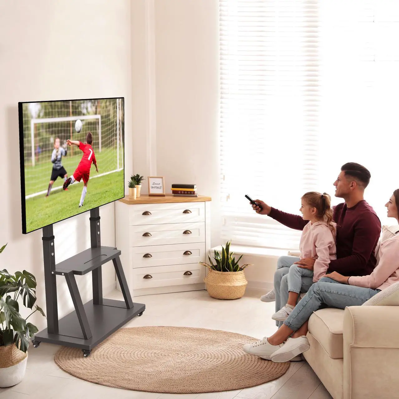 Alt view image 3 of 7 - XXL Large Mobile TV Stand Mount Universal Flat Screen Rolling TV Cart for 32-100 inch LED LCD OLED Screens Height Adjustable Ultra Stable TV Trolley with 2 Tier Storage Shelves