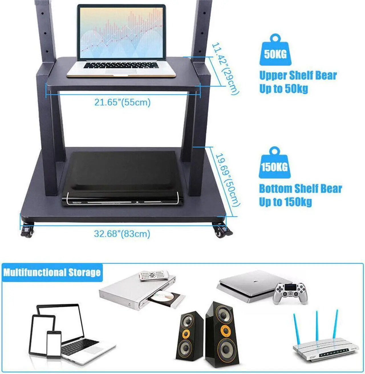Alt view image 6 of 7 - XXL Large Mobile TV Stand Mount Universal Flat Screen Rolling TV Cart for 32-100 inch LED LCD OLED Screens Height Adjustable Ultra Stable TV Trolley with 2 Tier Storage Shelves