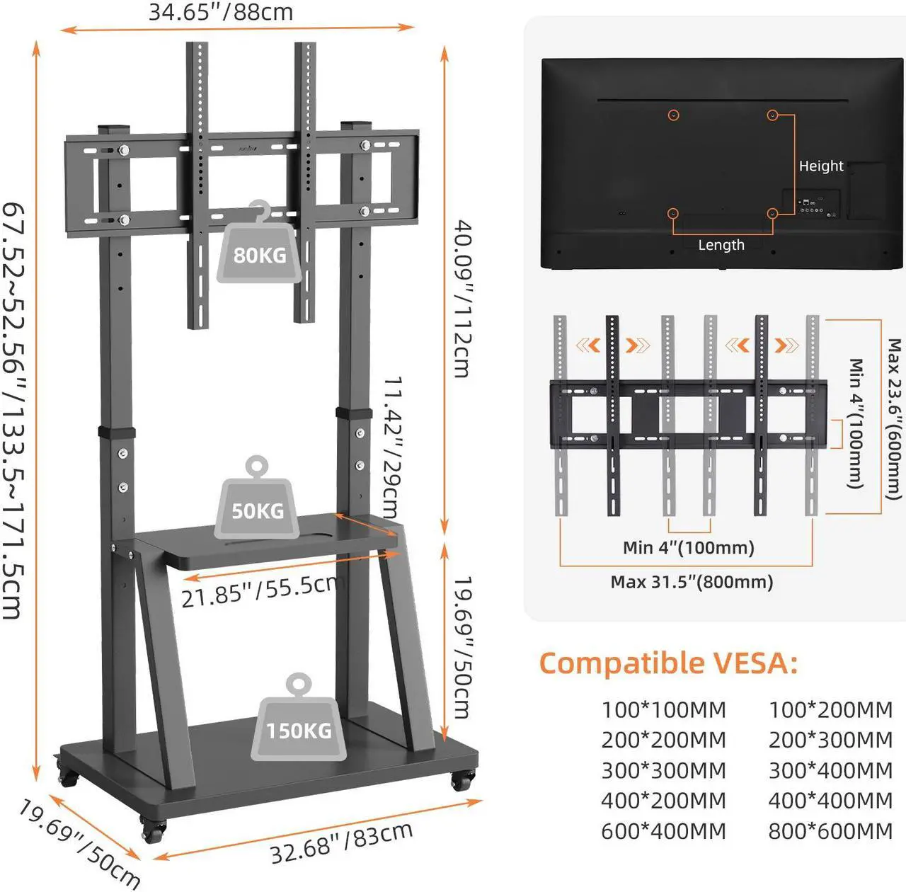 Alt view image 7 of 7 - XXL Large Mobile TV Stand Mount Universal Flat Screen Rolling TV Cart for 32-100 inch LED LCD OLED Screens Height Adjustable Ultra Stable TV Trolley with 2 Tier Storage Shelves