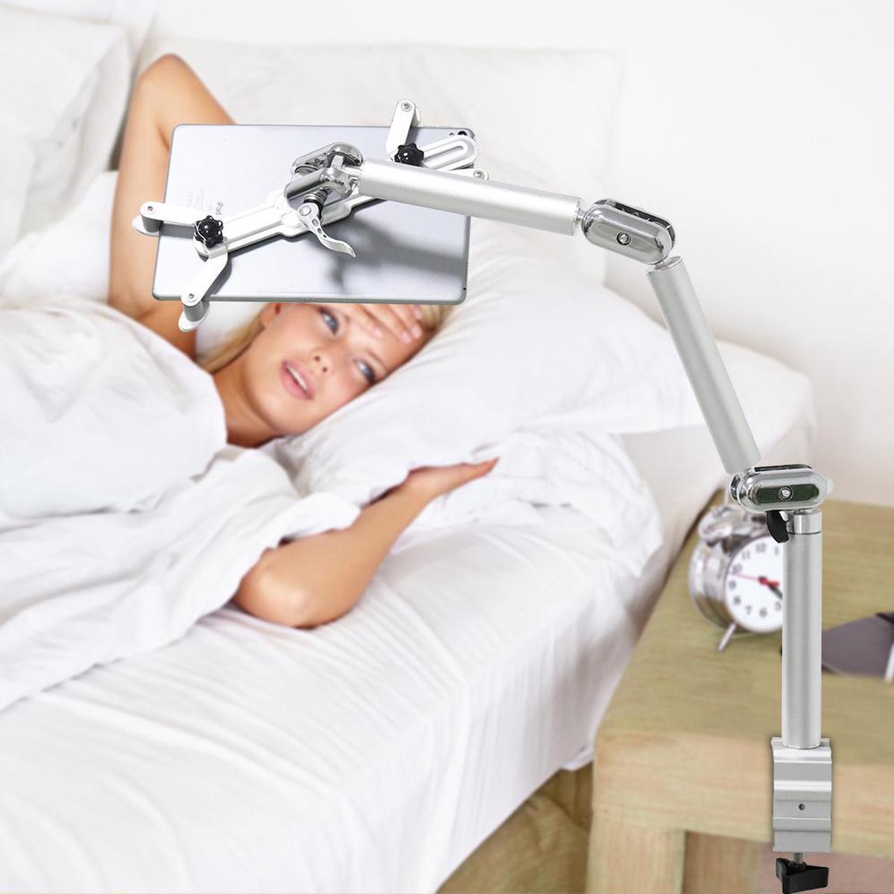 Alt view image 3 of 7 - Foldable Desk Tablet Holder 360 Degree Rotation Tablet Mount Adjustable Height  for 7-10" iPad  Laptop Silver