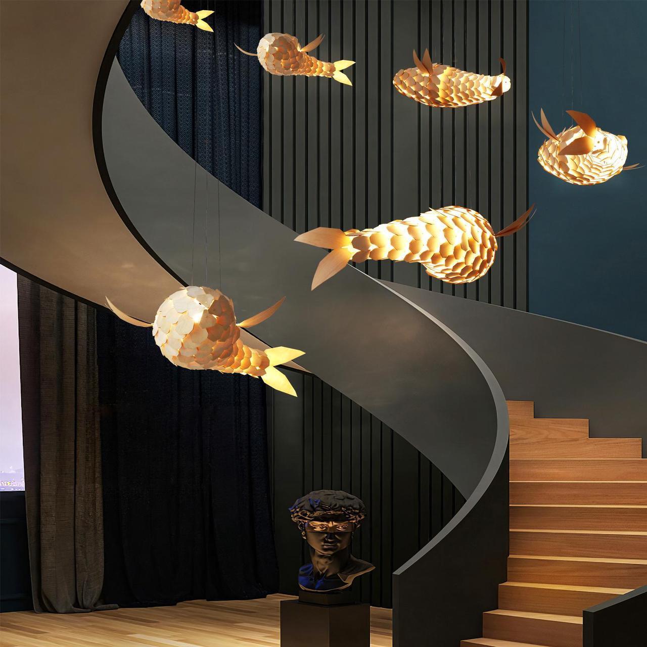 Alt view image 4 of 7 - Large Handwoven Fish-Shaped Pendant Lighting Rustic Dining Room Wood Ceiling Chandelier