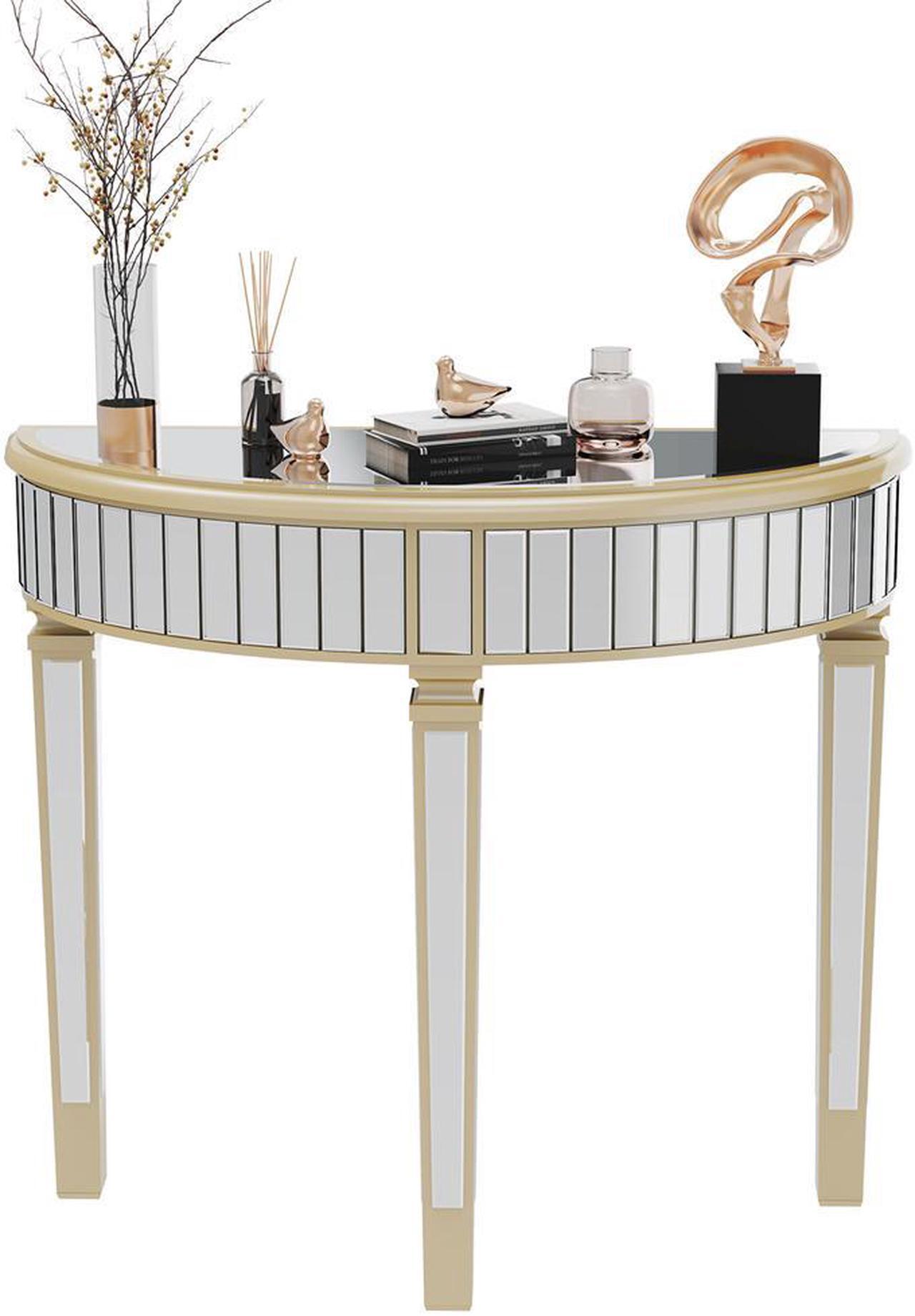 Alt view image 5 of 7 - 3 Legged Silver Mirrored Console Table With Champagne Edge Modern Vanity Make up Table