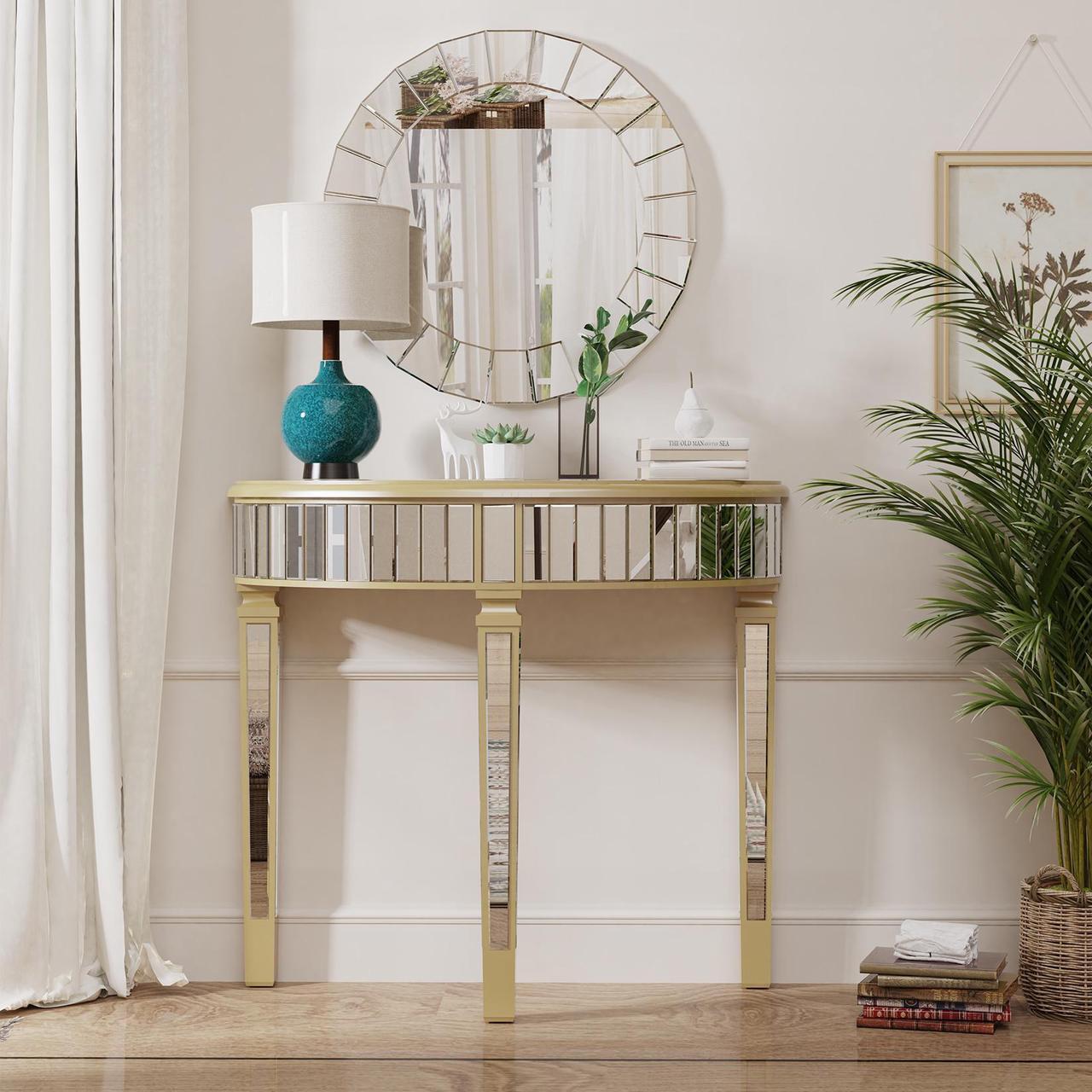 Alt view image 2 of 7 - 3 Legged Silver Mirrored Console Table With Champagne Edge Modern Vanity Make up Table