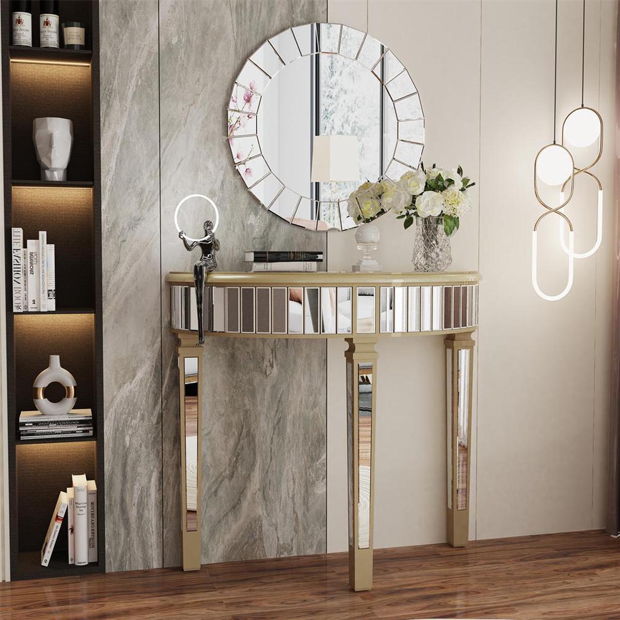 Alt view image 3 of 7 - 3 Legged Silver Mirrored Console Table With Champagne Edge Modern Vanity Make up Table