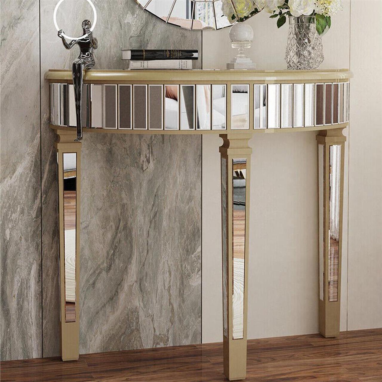 Main image of 3 Legged Silver Mirrored Console Table With Champagne Edge Modern Vanity Make up Table
