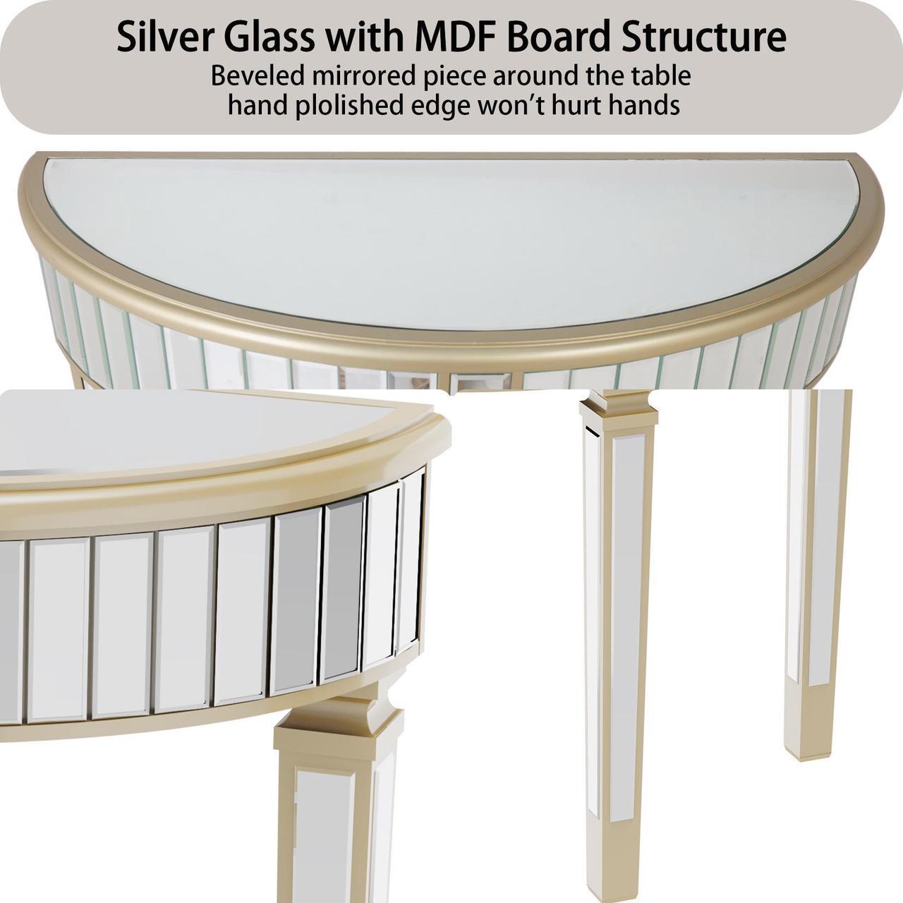 Alt view image 6 of 7 - 3 Legged Silver Mirrored Console Table With Champagne Edge Modern Vanity Make up Table