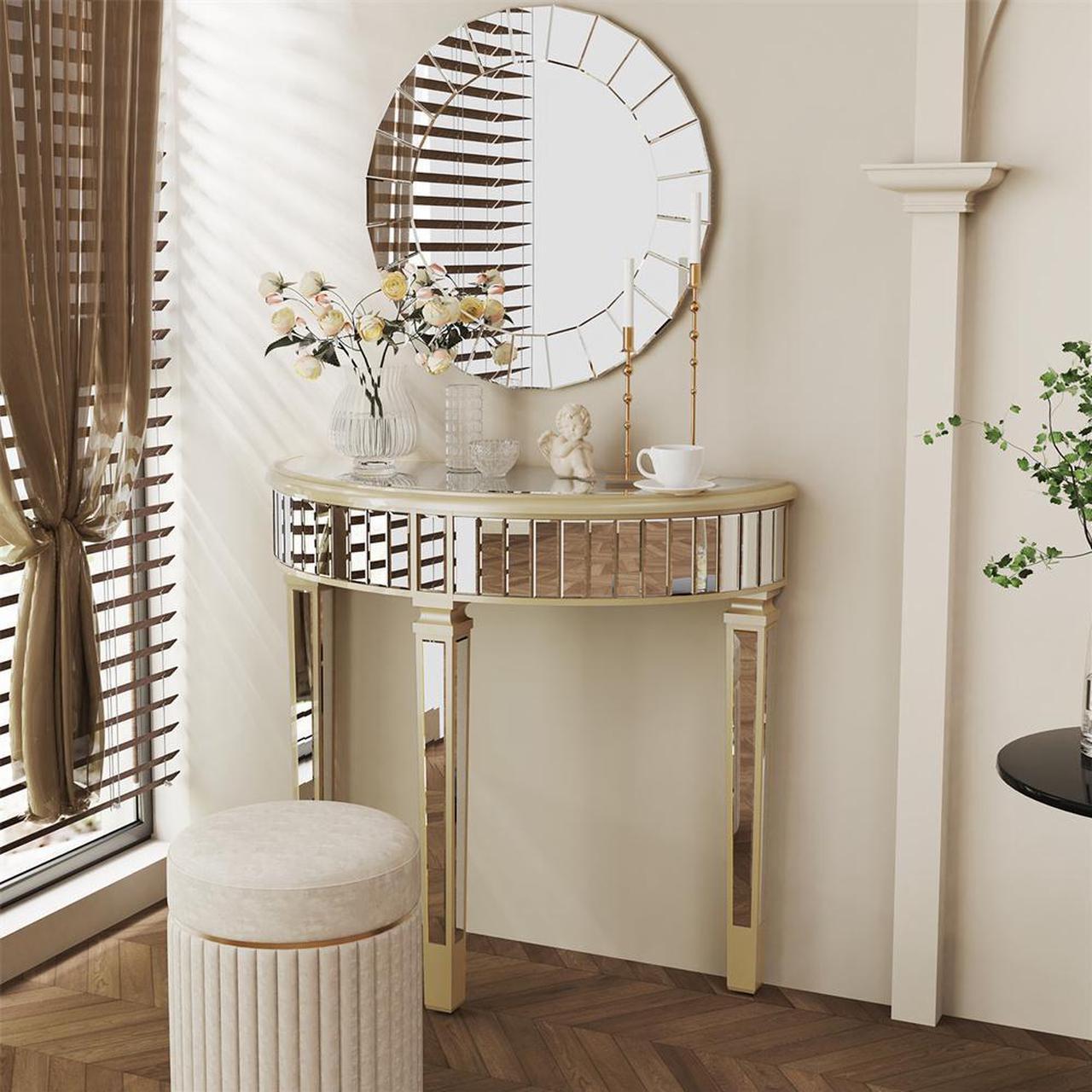 Alt view image 4 of 7 - 3 Legged Silver Mirrored Console Table With Champagne Edge Modern Vanity Make up Table