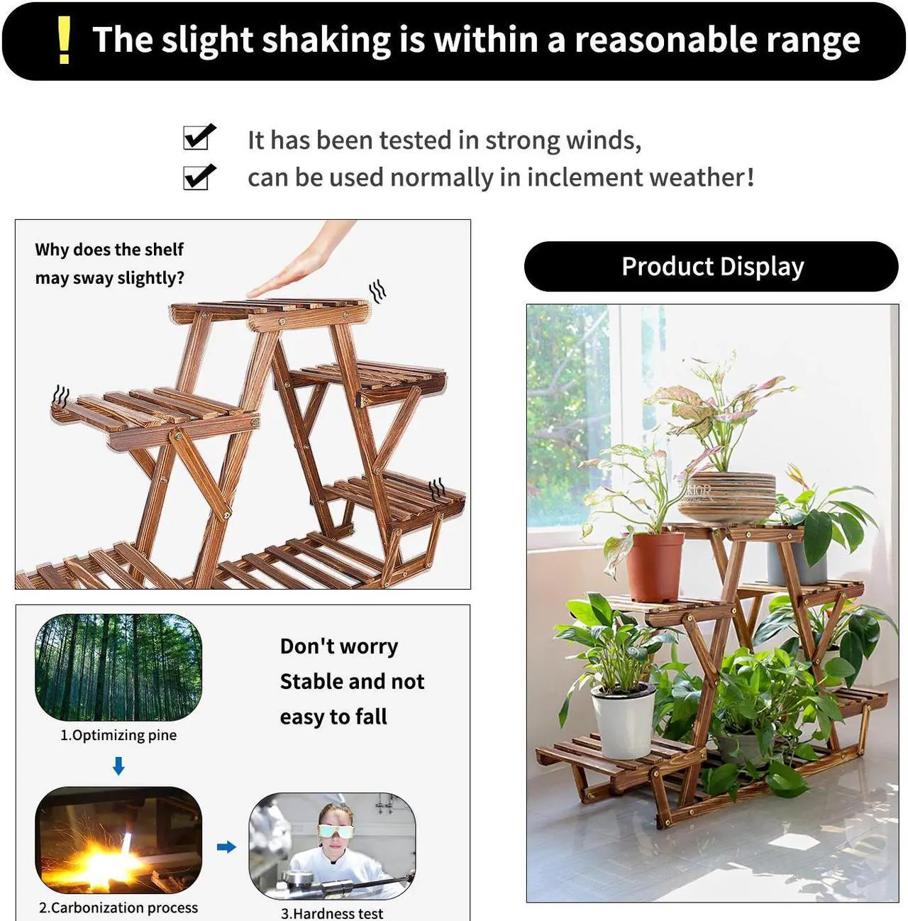 Alt view image 5 of 7 - Carbonized Wood Plant Stand Flower Display Rack Large Storage For Indoor Outdoor