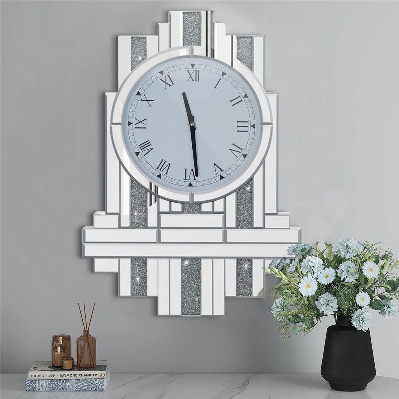 Main image of Large Modern Crushed Diamond Silver Mirrored Crystal Clock Vintage wall Clock