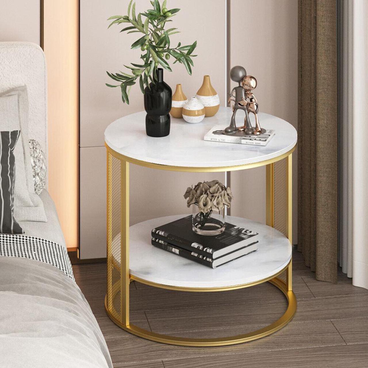 Main image of 2 Tier XXL-Large Marble Coffee Table Luxury End Side Table Metal Wire Mesh Frame