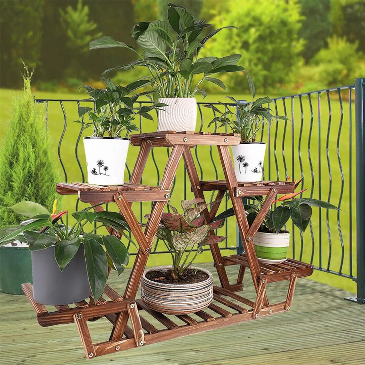 Alt view image 2 of 7 - Carbonized Wood Plant Stand Flower Display Rack Large Storage For Indoor Outdoor
