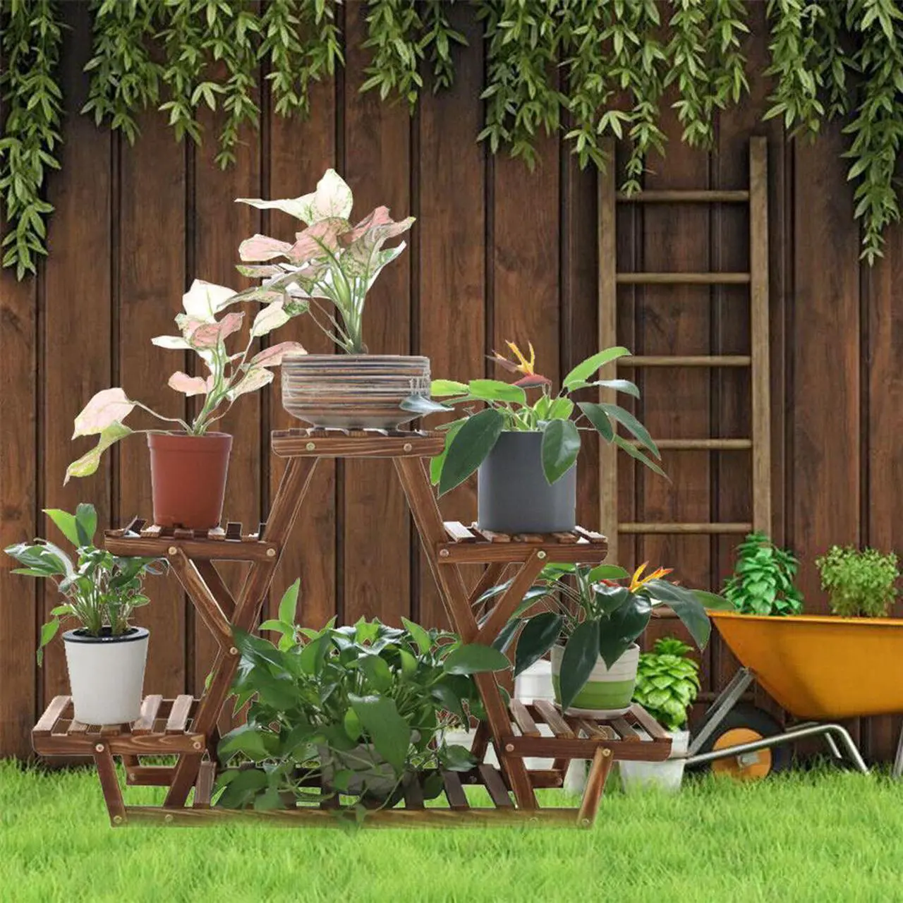 Alt view image 4 of 7 - Carbonized Wood Plant Stand Flower Display Rack Large Storage For Indoor Outdoor