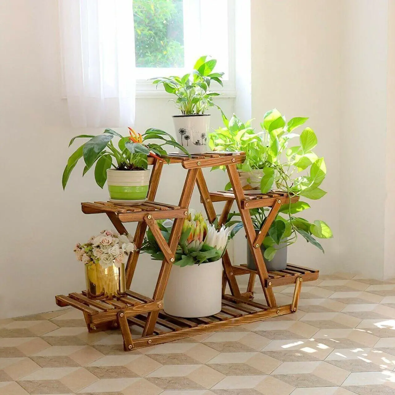Alt view image 3 of 7 - Carbonized Wood Plant Stand Flower Display Rack Large Storage For Indoor Outdoor