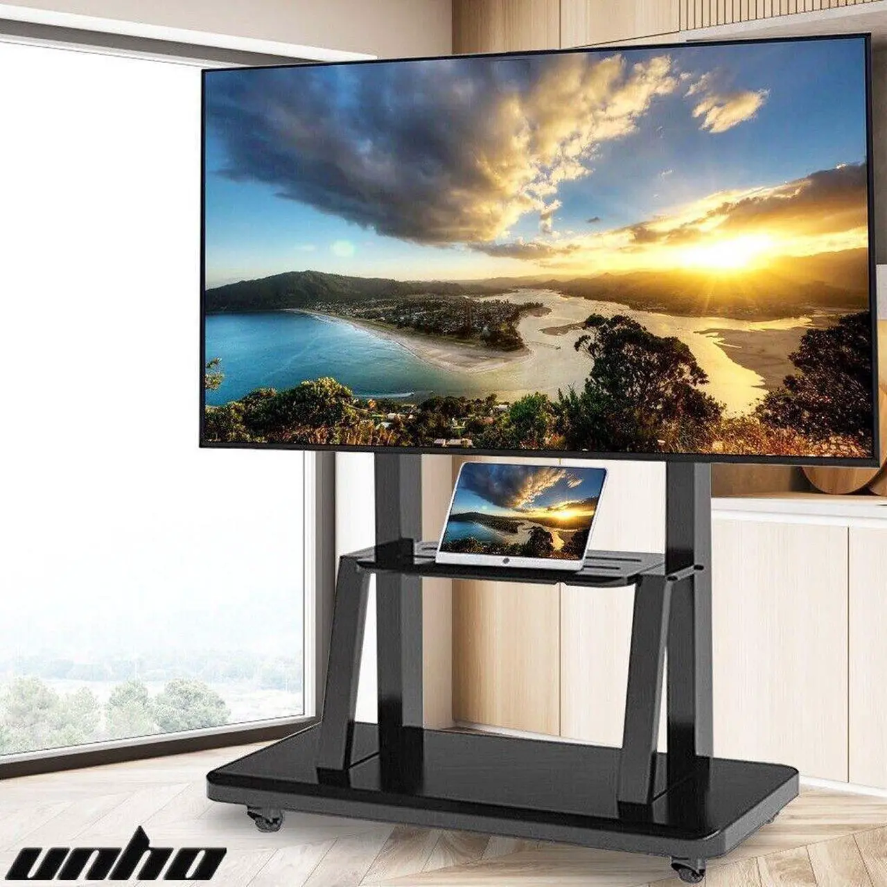 Main image of XXL Large Mobile TV Stand Mount Universal Flat Screen Rolling TV Cart for 32-100 inch LED LCD OLED Screens Height Adjustable Ultra Stable TV Trolley with 2 Tier Storage Shelves