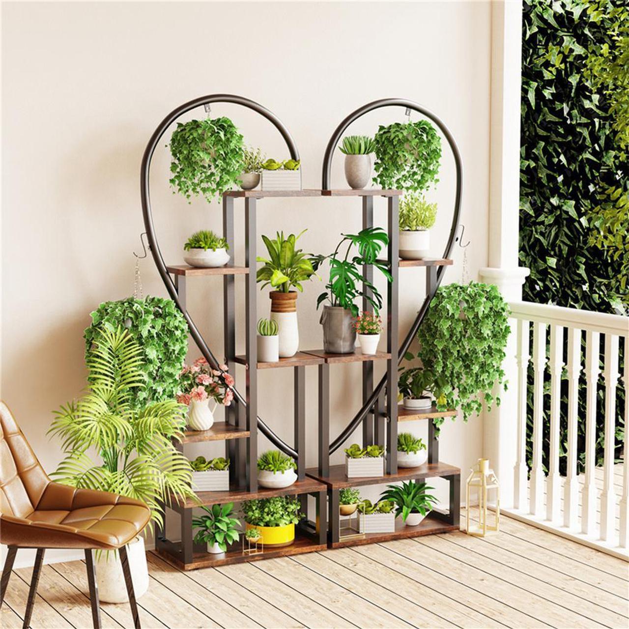 Alt view image 3 of 7 - 2PCS  Jumbo Large Heart-Shape Outdoor Garden Patio Plant Ladder Stand Flower Shelf Basket Hanging Rack