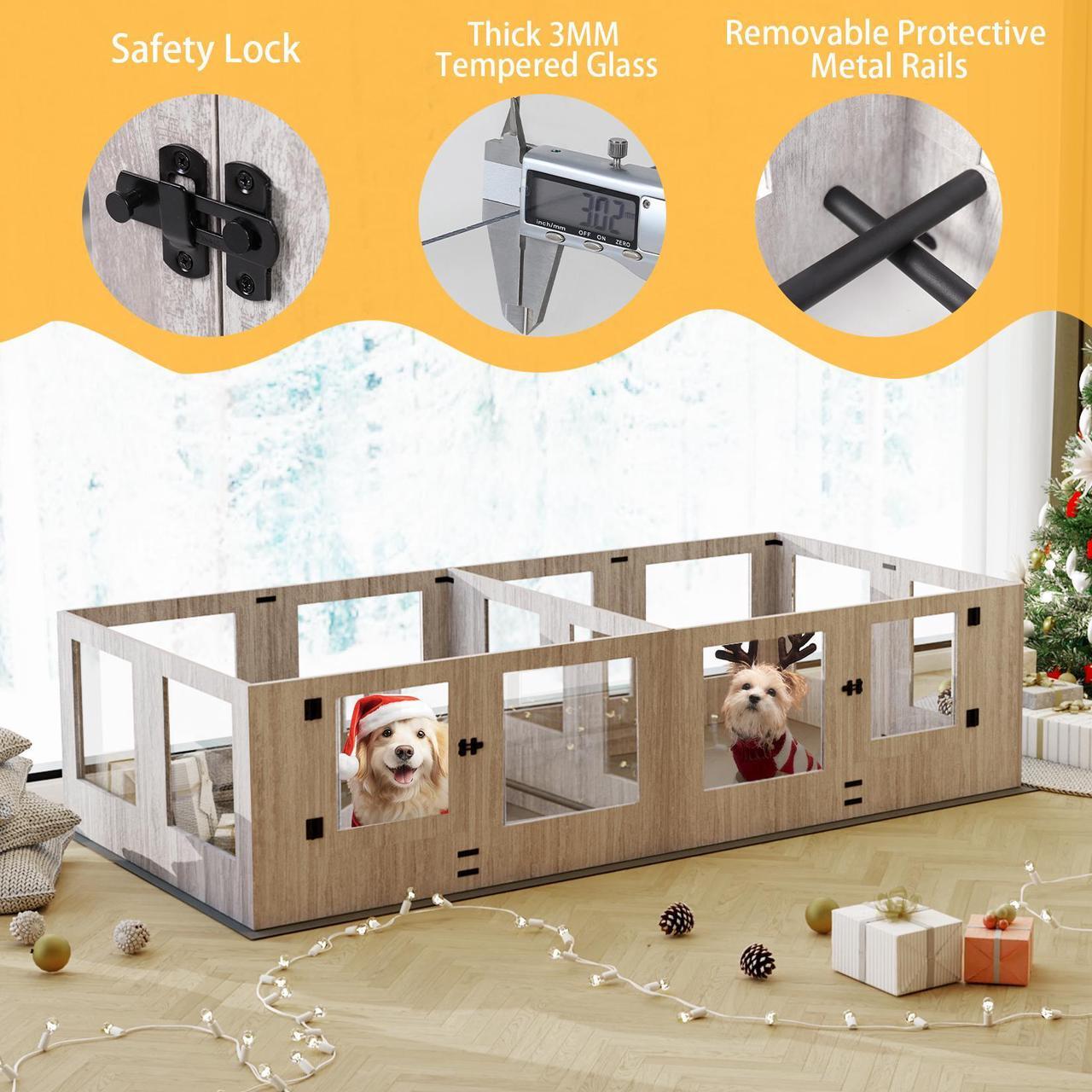 Alt view image 4 of 7 - Safest Tempered Glass Puppy Whelping Pen Box Wood Dog Cage Shatter-proof Dog Exercise Playpen with Waterproof Fertility Pad XX-Large