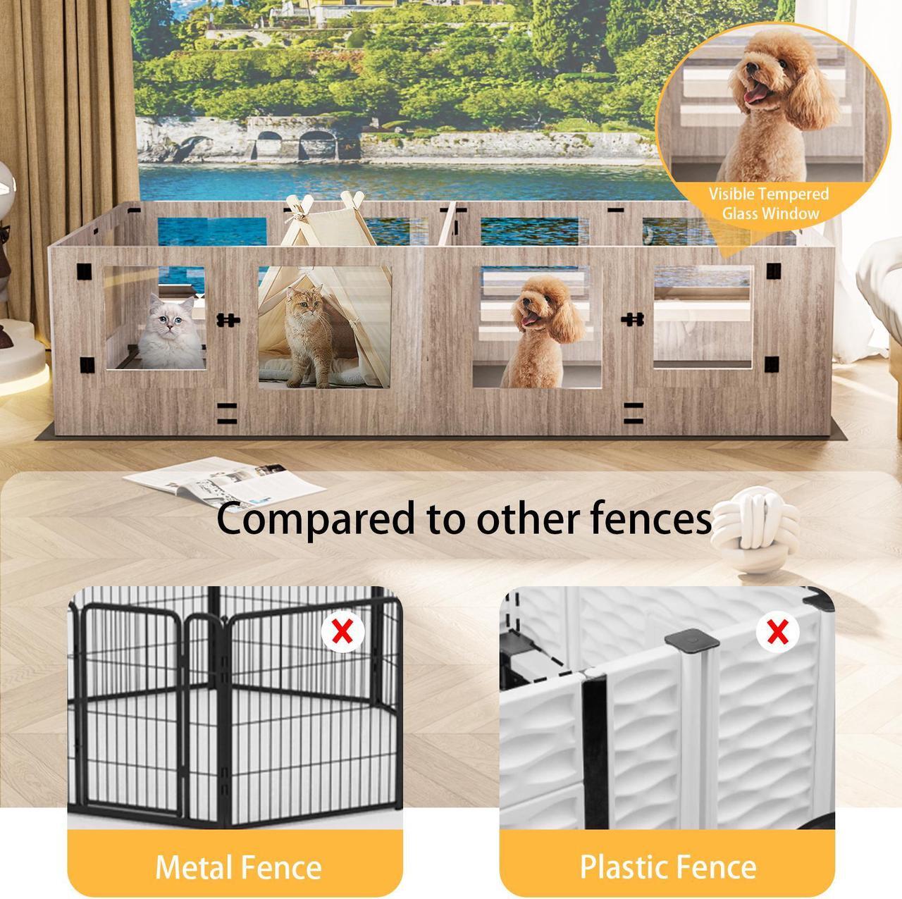 Alt view image 5 of 7 - Safest Tempered Glass Puppy Whelping Pen Box Wood Dog Cage Shatter-proof Dog Exercise Playpen with Waterproof Fertility Pad XX-Large