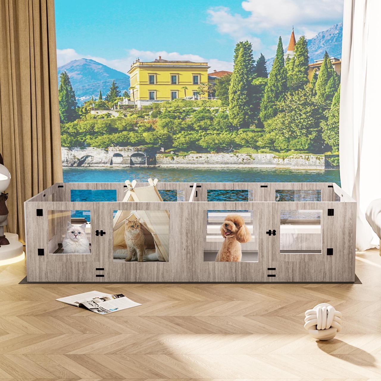 Alt view image 2 of 7 - Safest Tempered Glass Puppy Whelping Pen Box Wood Dog Cage Shatter-proof Dog Exercise Playpen with Waterproof Fertility Pad XX-Large