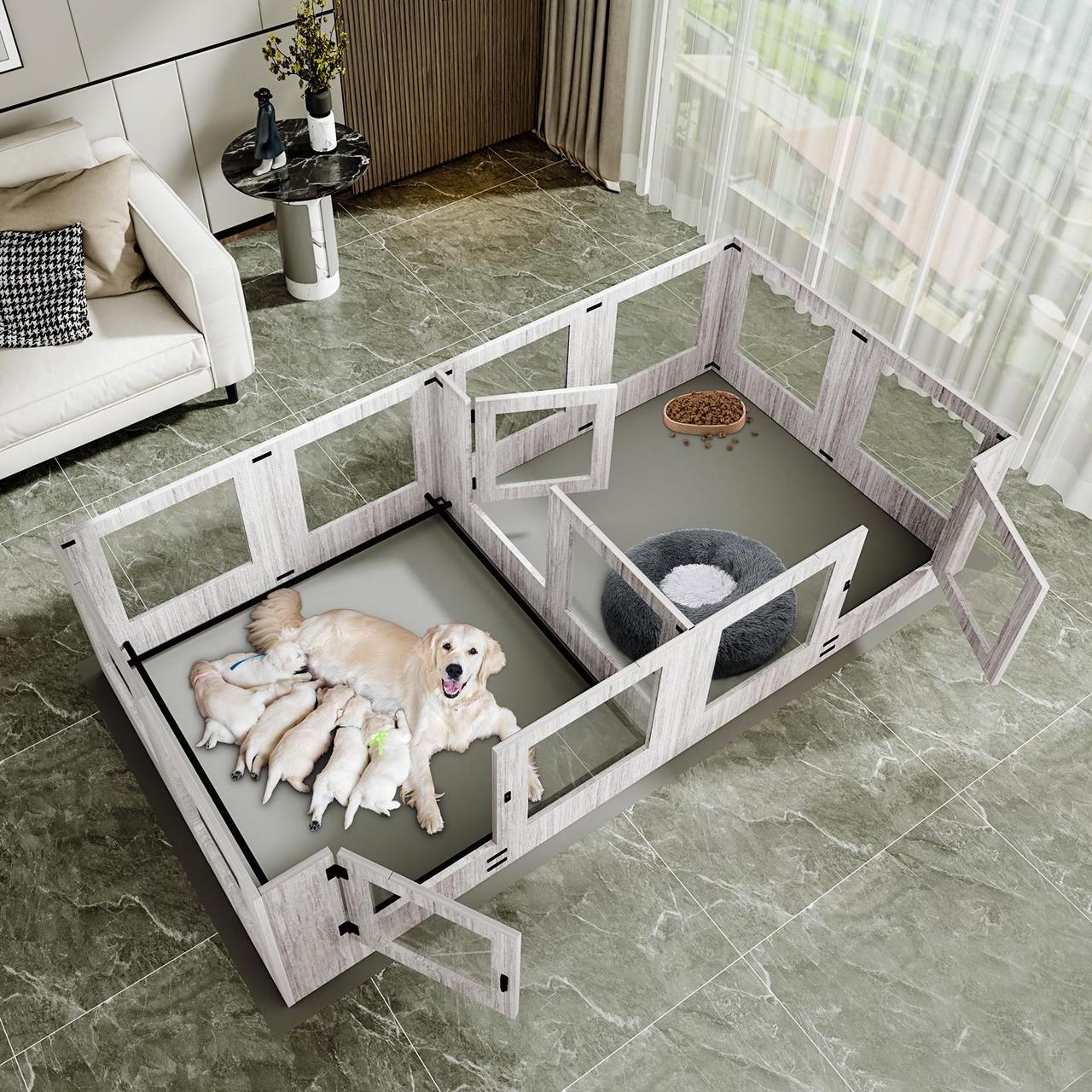 Alt view image 3 of 7 - Safest Tempered Glass Puppy Whelping Pen Box Wood Dog Cage Shatter-proof Dog Exercise Playpen with Waterproof Fertility Pad XX-Large