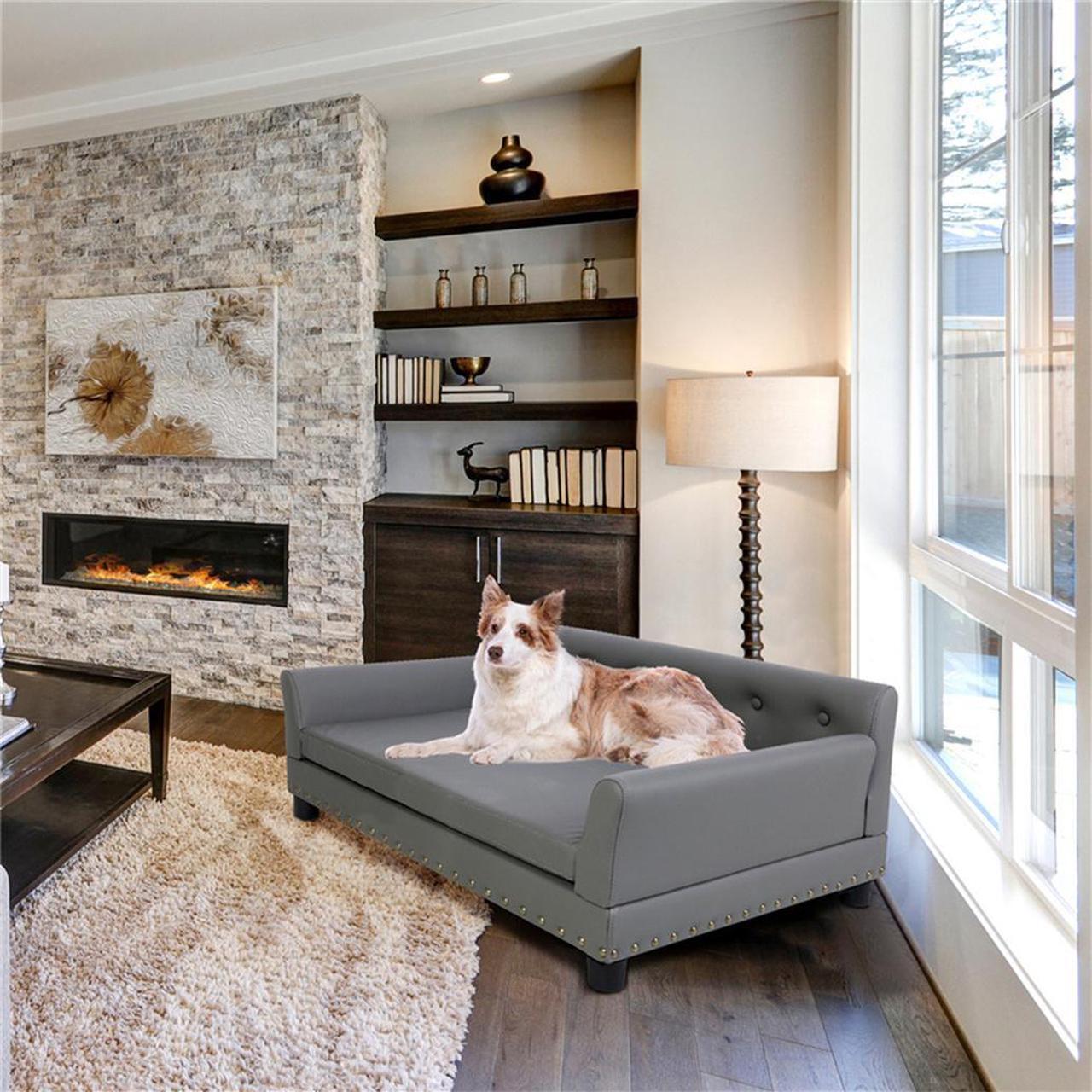 Alt view image 4 of 7 - UNHO Large Elevated Dog Sofa Bed Microfiber Leather Couch Pet Sleep Joint Support Bed with Copper Nail Large