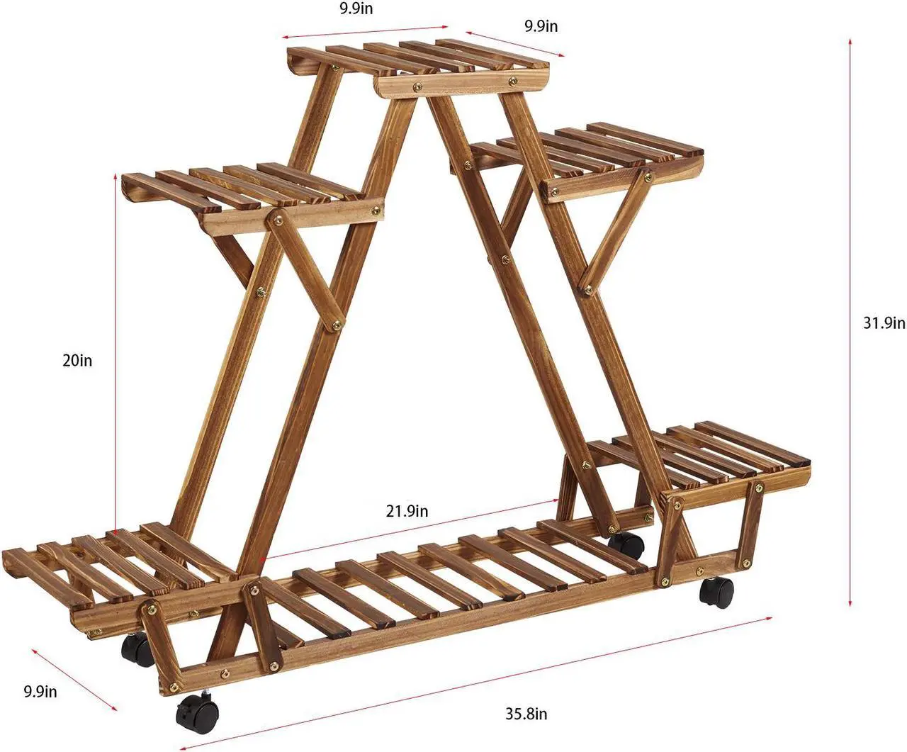 Alt view image 4 of 7 - UNHO Rolling 6 Tier Carbonized Wood Plant Stand Rack Multiple Flower Pot Holder Shelf Indoor Outdoor Planter Display shelving unit for Patio Garden Corner Balcony Living Room Flower Shop Office