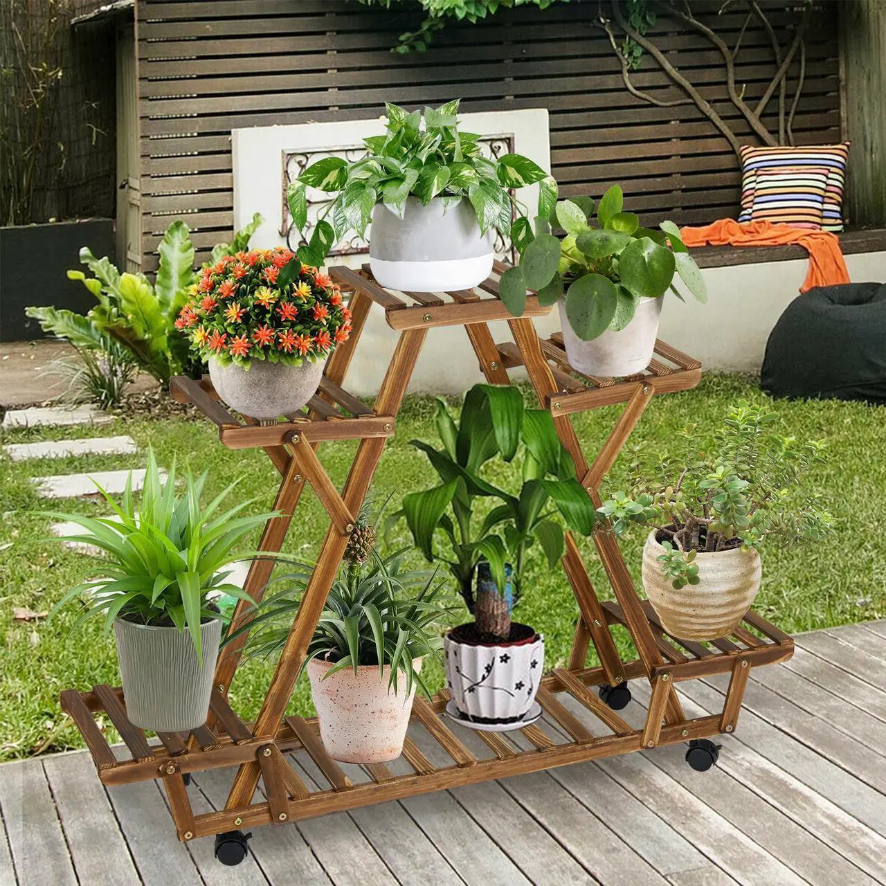 Alt view image 2 of 7 - UNHO Rolling 6 Tier Carbonized Wood Plant Stand Rack Multiple Flower Pot Holder Shelf Indoor Outdoor Planter Display shelving unit for Patio Garden Corner Balcony Living Room Flower Shop Office
