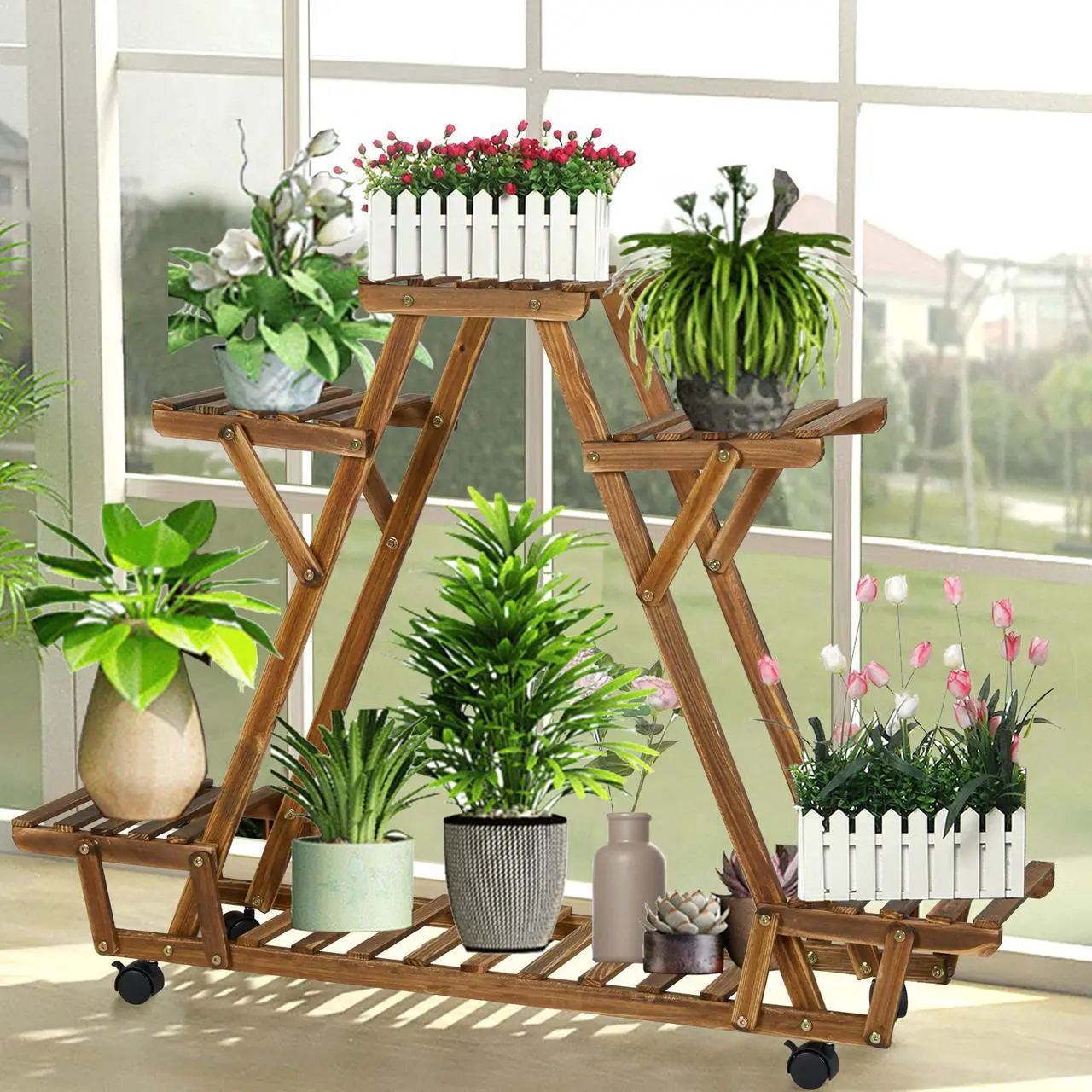 Main image of UNHO Rolling 6 Tier Carbonized Wood Plant Stand Rack Multiple Flower Pot Holder Shelf Indoor Outdoor Planter Display shelving unit for Patio Garden Corner Balcony Living Room Flower Shop Office