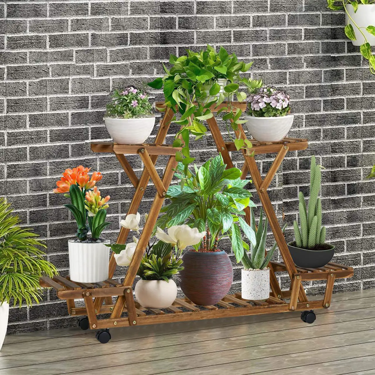 Alt view image 3 of 7 - UNHO Rolling 6 Tier Carbonized Wood Plant Stand Rack Multiple Flower Pot Holder Shelf Indoor Outdoor Planter Display shelving unit for Patio Garden Corner Balcony Living Room Flower Shop Office