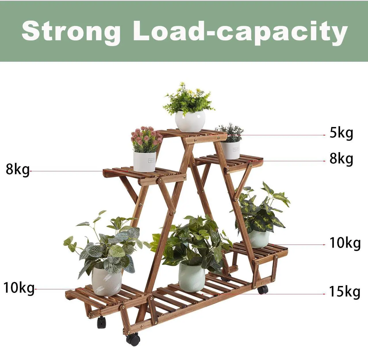 Alt view image 5 of 7 - UNHO Rolling 6 Tier Carbonized Wood Plant Stand Rack Multiple Flower Pot Holder Shelf Indoor Outdoor Planter Display shelving unit for Patio Garden Corner Balcony Living Room Flower Shop Office