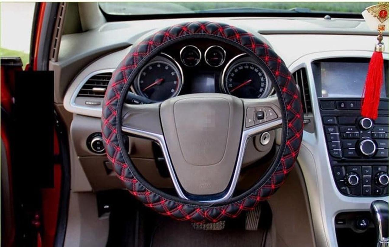 Acaigel 2PCS Car Steering Wheel Cover Black & Red Stitching PU Leather 38cm