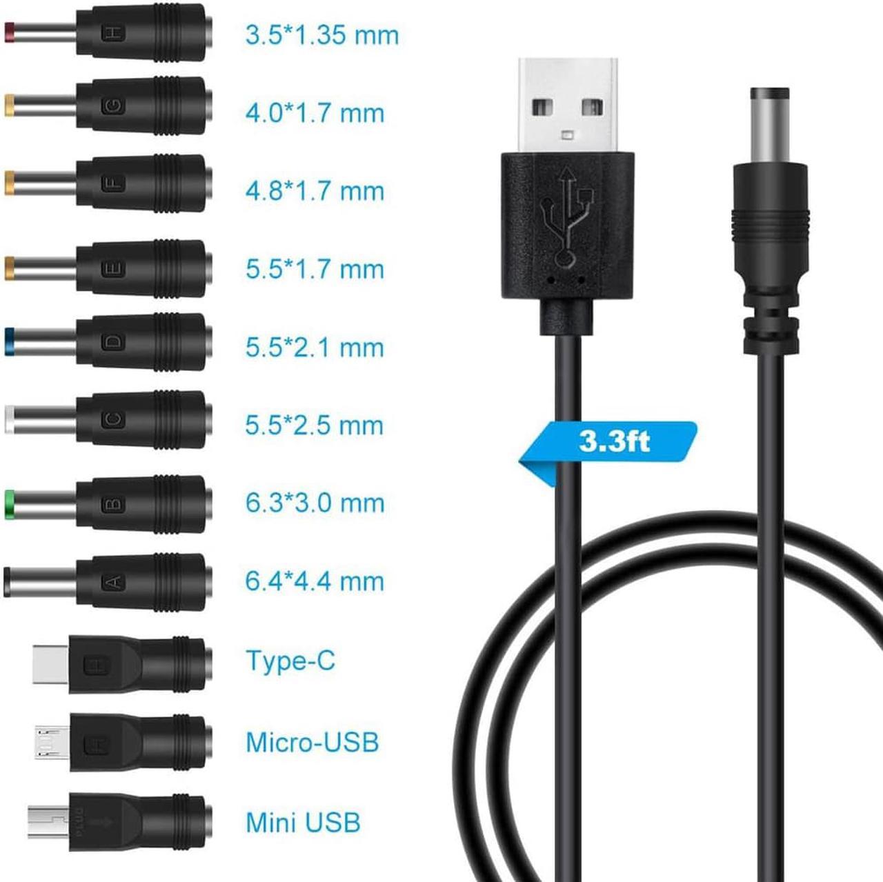 Acaigel USB to DC Port 5V Charging Cable Power Cord 5.5*2.1mm with 11 Sizes Connector