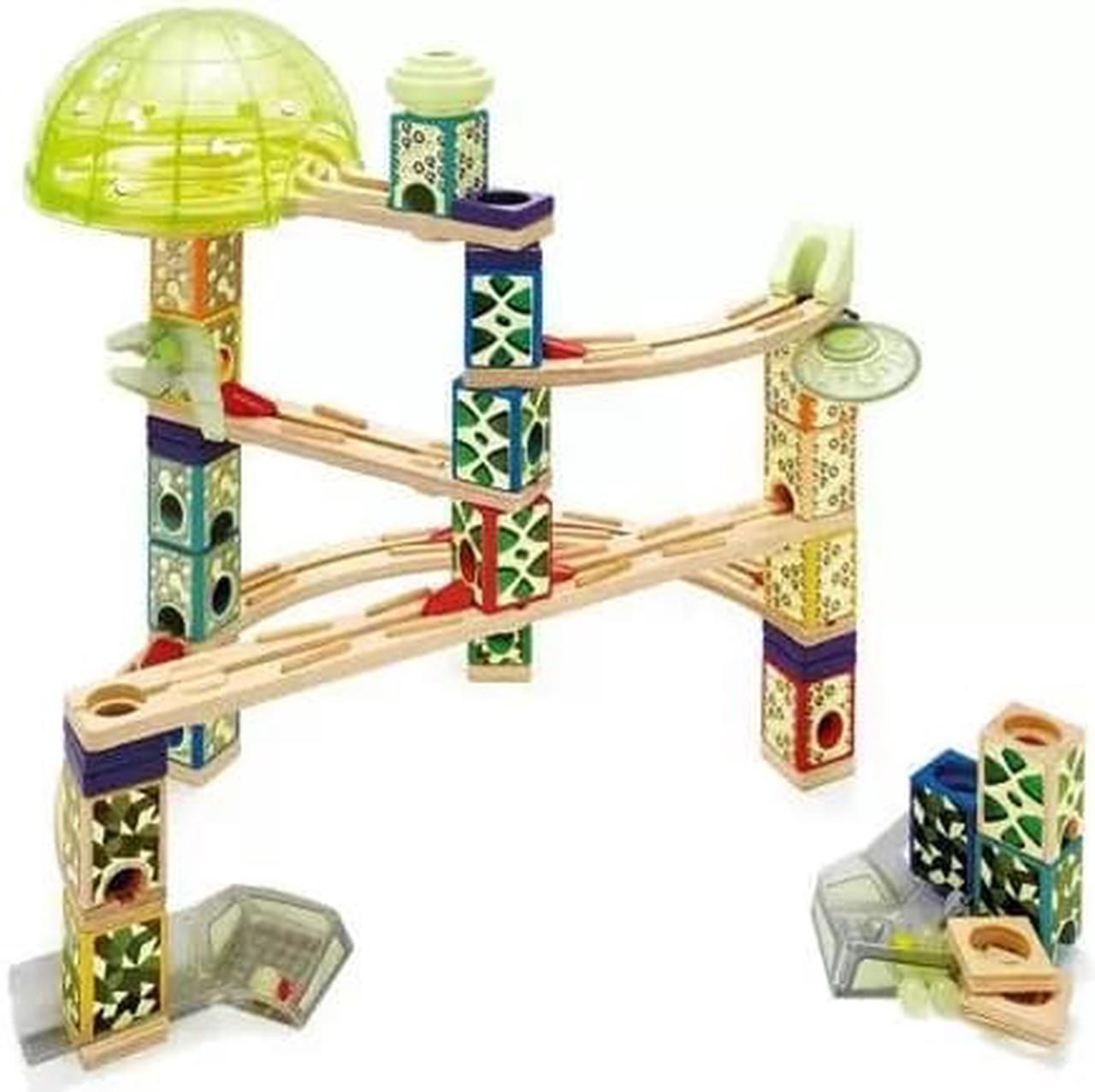 Alt view image 6 of 11 - Hape Quadrilla Space City Glow in the Dark Wooden Marble Run Maze Building Set